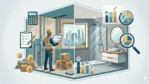 Современный дизайн ванной комнаты с сантехникой и отделочными материалами для расчета бюджета ремонта